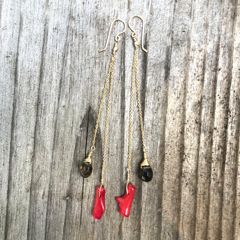 SMOKY QUARTZ & CORAL EARRINGS